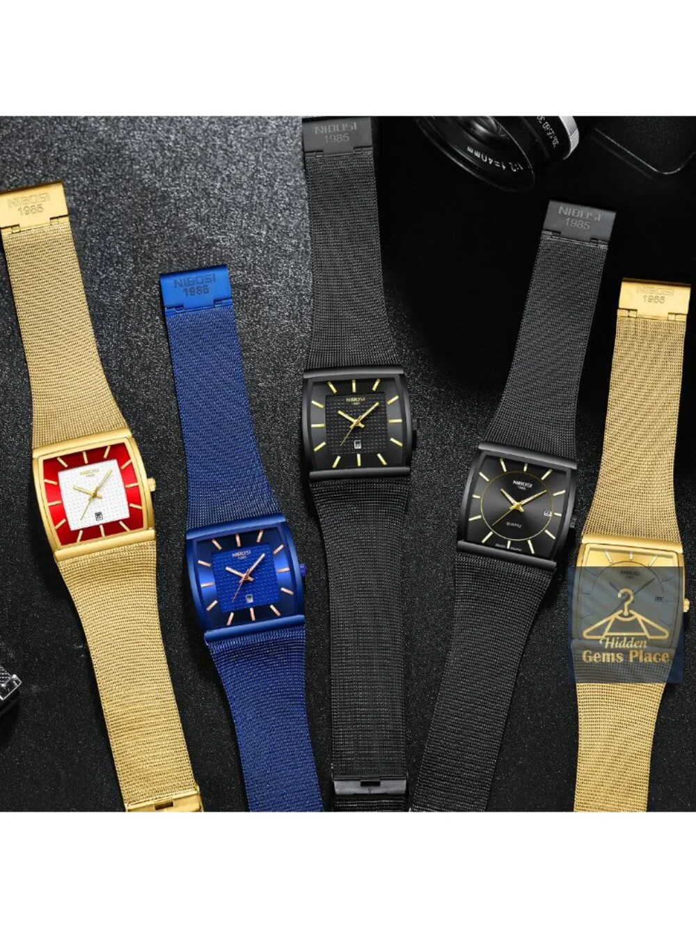 Men's Analog Square Dial Mesh Strap Watch Quartz Date Display Stainless Steel